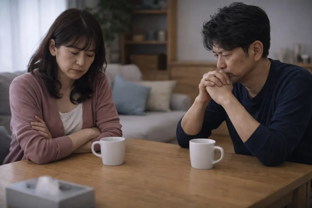 かける言葉が見つからない、話の糸口を探す二人